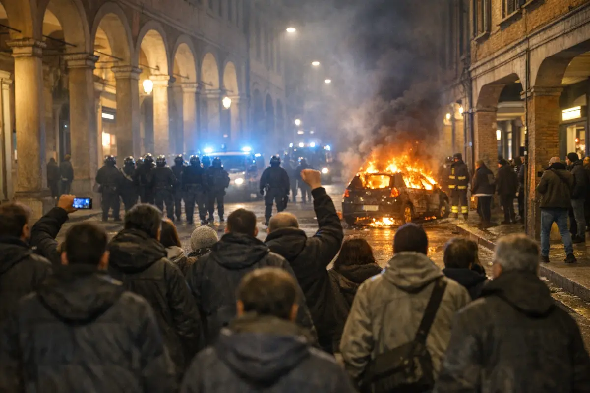 Protesta notturna sotto i portici con auto in fiamme, fumo e schieramento di polizia sullo sfondo