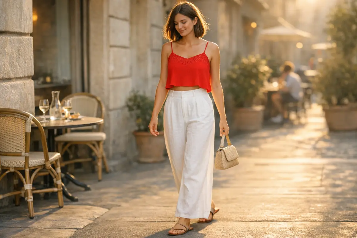 Donna con top rosso corto e pantaloni bianchi a vita alta cammina su una strada con tavolini di un caffè al tramonto