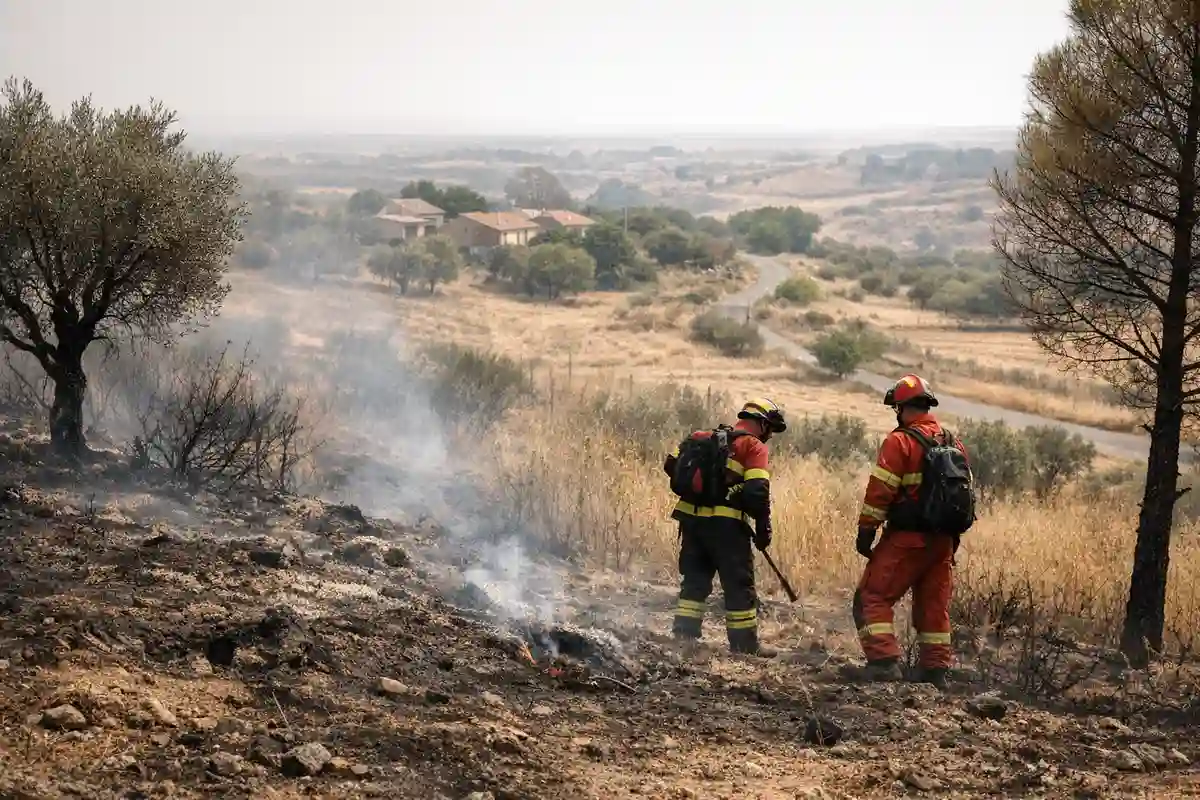 Due vigili del fuoco controllano fumo e braci su una collina bruciata, con campi secchi e case sullo sfondo