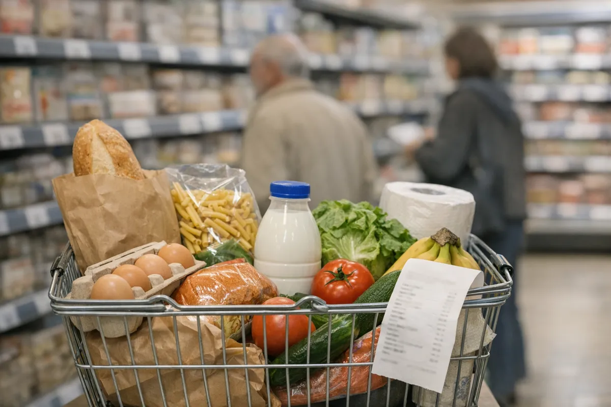 Carrello della spesa con pane, uova, latte, pasta, verdura e scontrino sfocato in un supermercato