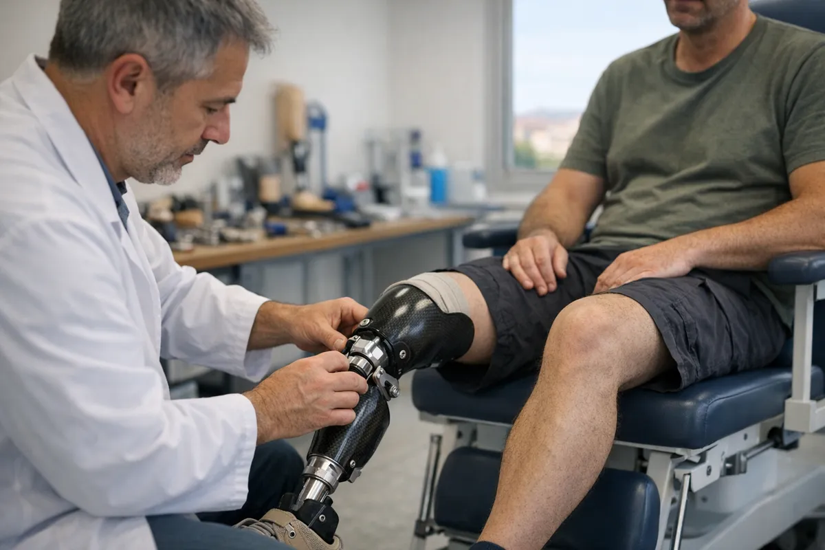 Tecnico in camice regola una protesi di gamba a un paziente seduto su poltrona medica in ambulatorio