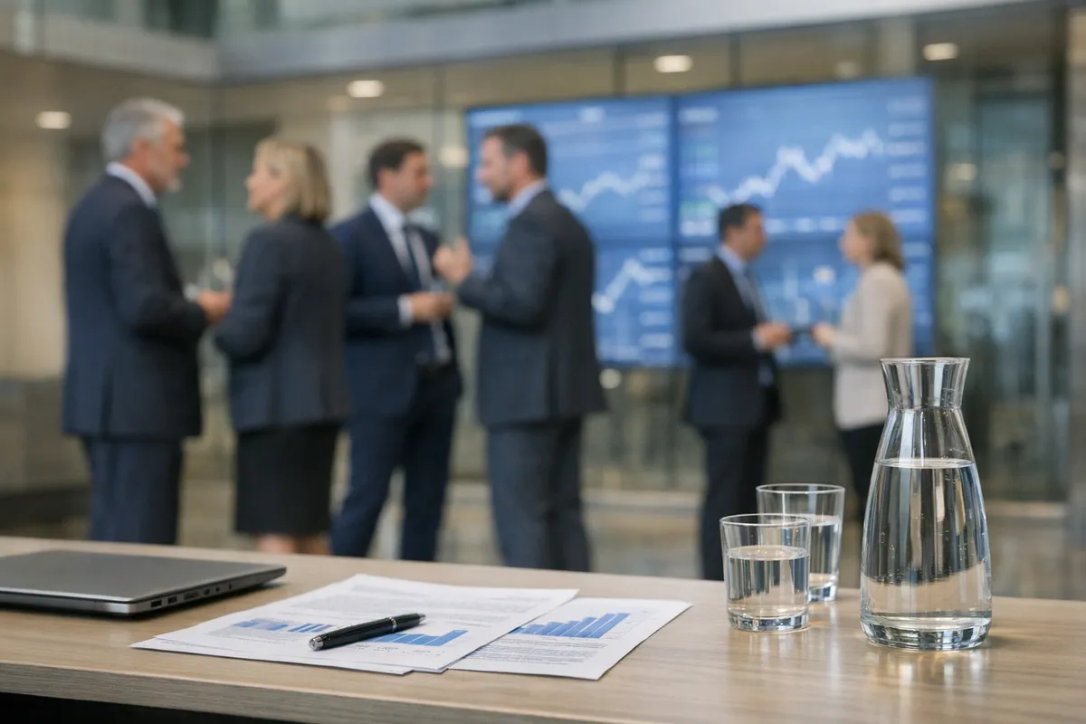 Caraffa e bicchieri d’acqua su tavolo con documenti finanziari, con professionisti in conversazione e schermi di borsa