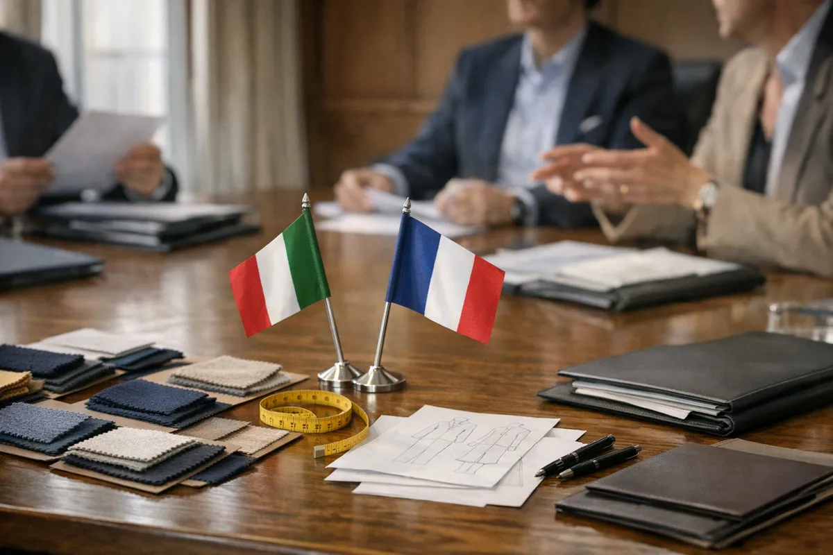 Bandiere da tavolo di Italia e Francia accanto a campioni di tessuto, metro e schizzi su un tavolo di riunione