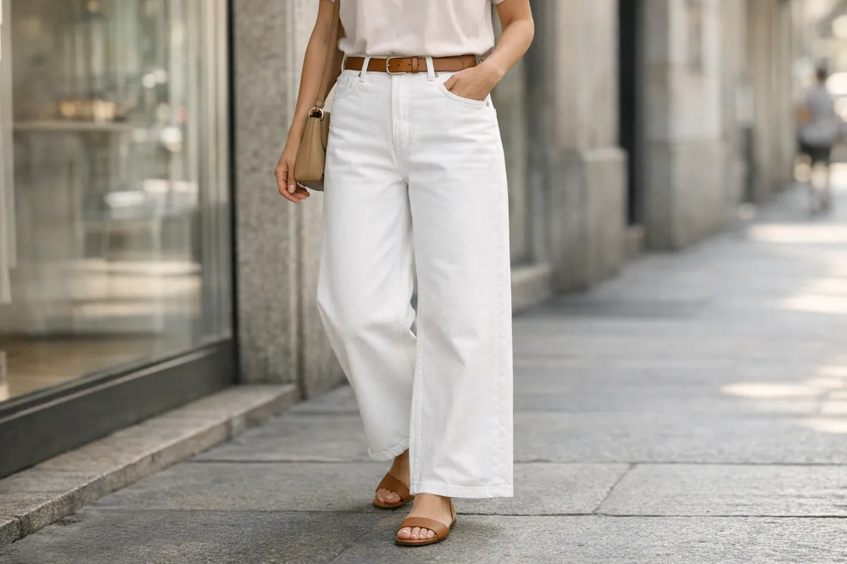 Donna in strada con jeans bianchi a vita alta wide leg, cintura cuoio e sandali marroni