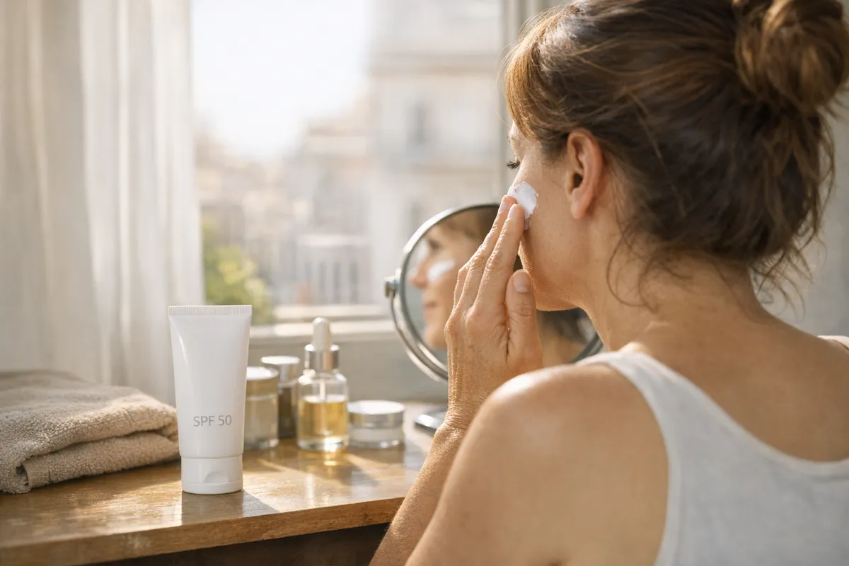 Donna applica crema solare sul viso davanti allo specchio, con tubo SPF 50 su un mobile vicino alla finestra