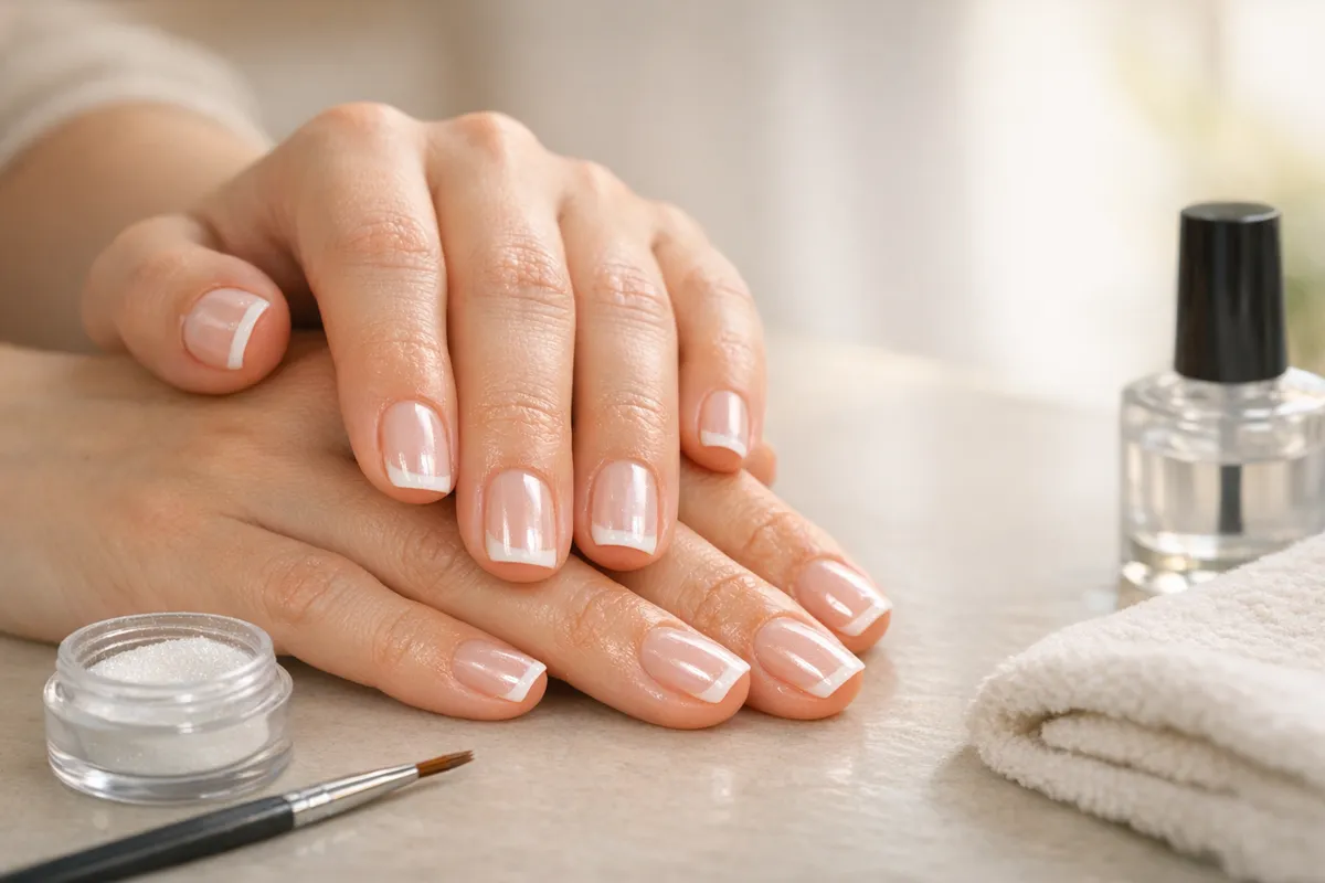Mani curate con french manicure perlata, punta bianca e base nude rosata su tavolo da manicure
