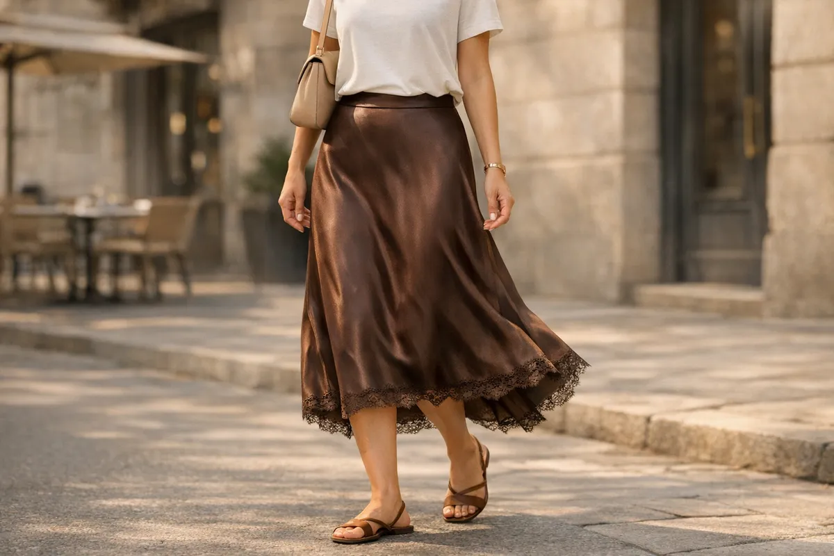 Donna che cammina in città con gonna midi satinata marrone cioccolato e bordo in pizzo, t-shirt bianca e sandali