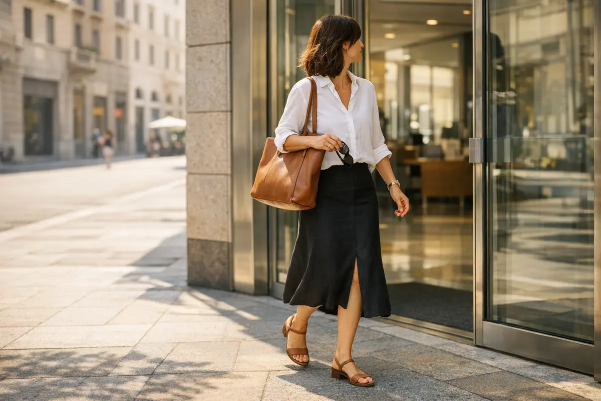 Donna con camicia bianca e gonna midi nera con spacco, sandali bassi e tote in pelle davanti a un ufficio