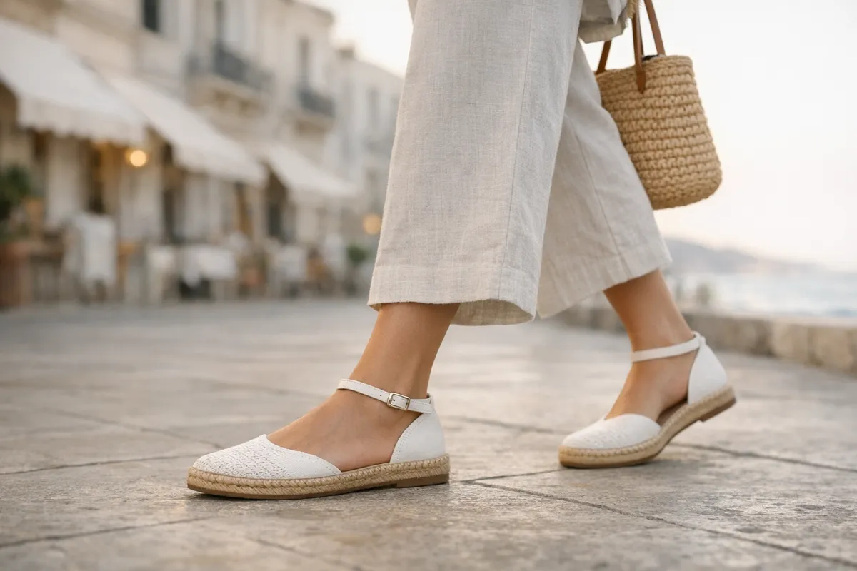 Espadrillas bianche con cinturino alla caviglia e suola in iuta, abbinate a pantaloni in lino su lungomare