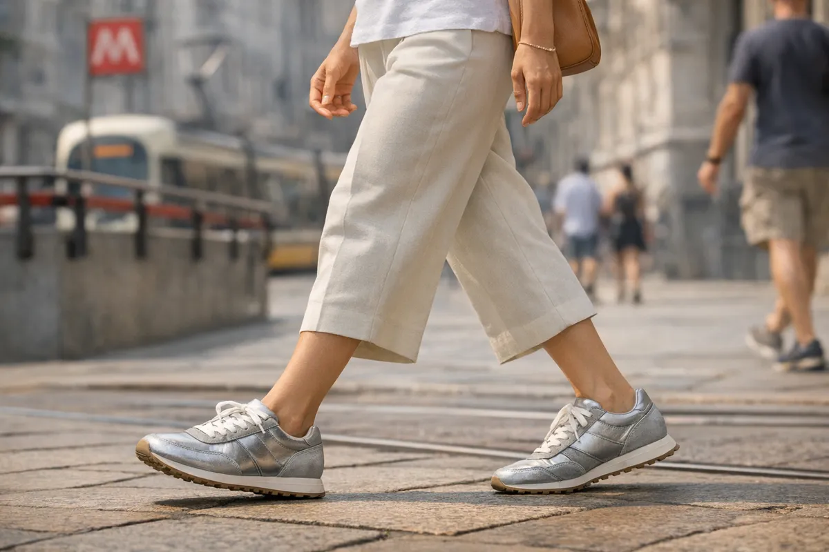 Sneakers argento con lacci bianchi ai piedi di una donna che cammina su un marciapiede urbano, sullo sfondo una metro sfocata
