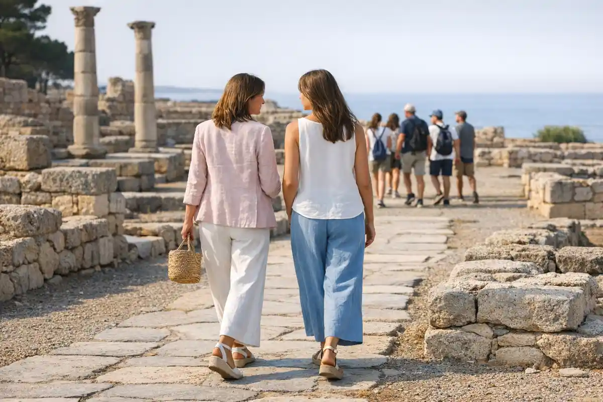 Due donne in abiti estivi e espadrillas camminano tra rovine archeologiche vicino al mare