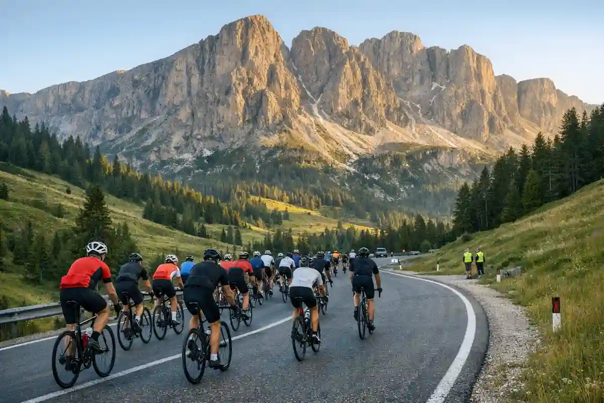 Gruppo di ciclisti su strada di montagna nelle Dolomiti all’alba, con volontari a bordo strada