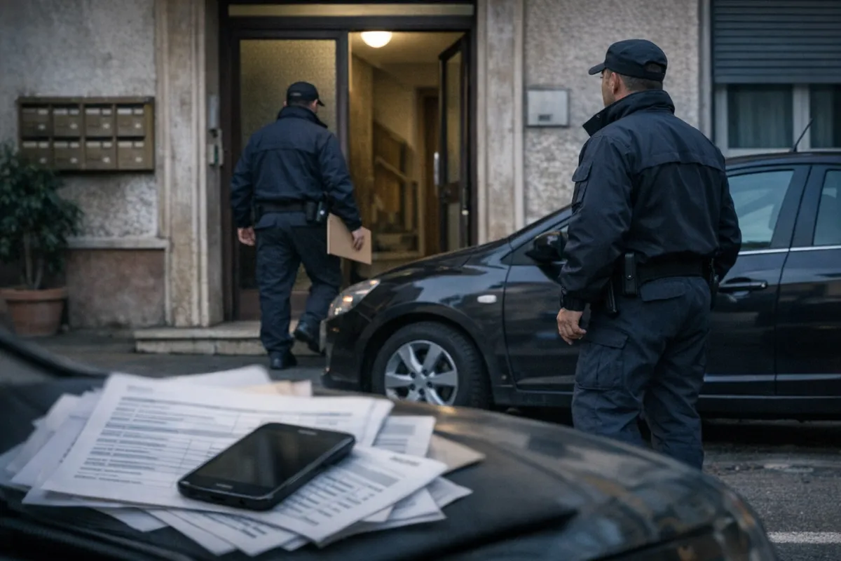 Due agenti in divisa si avvicinano all’ingresso di un palazzo mentre in primo piano si vedono documenti e uno smartphone