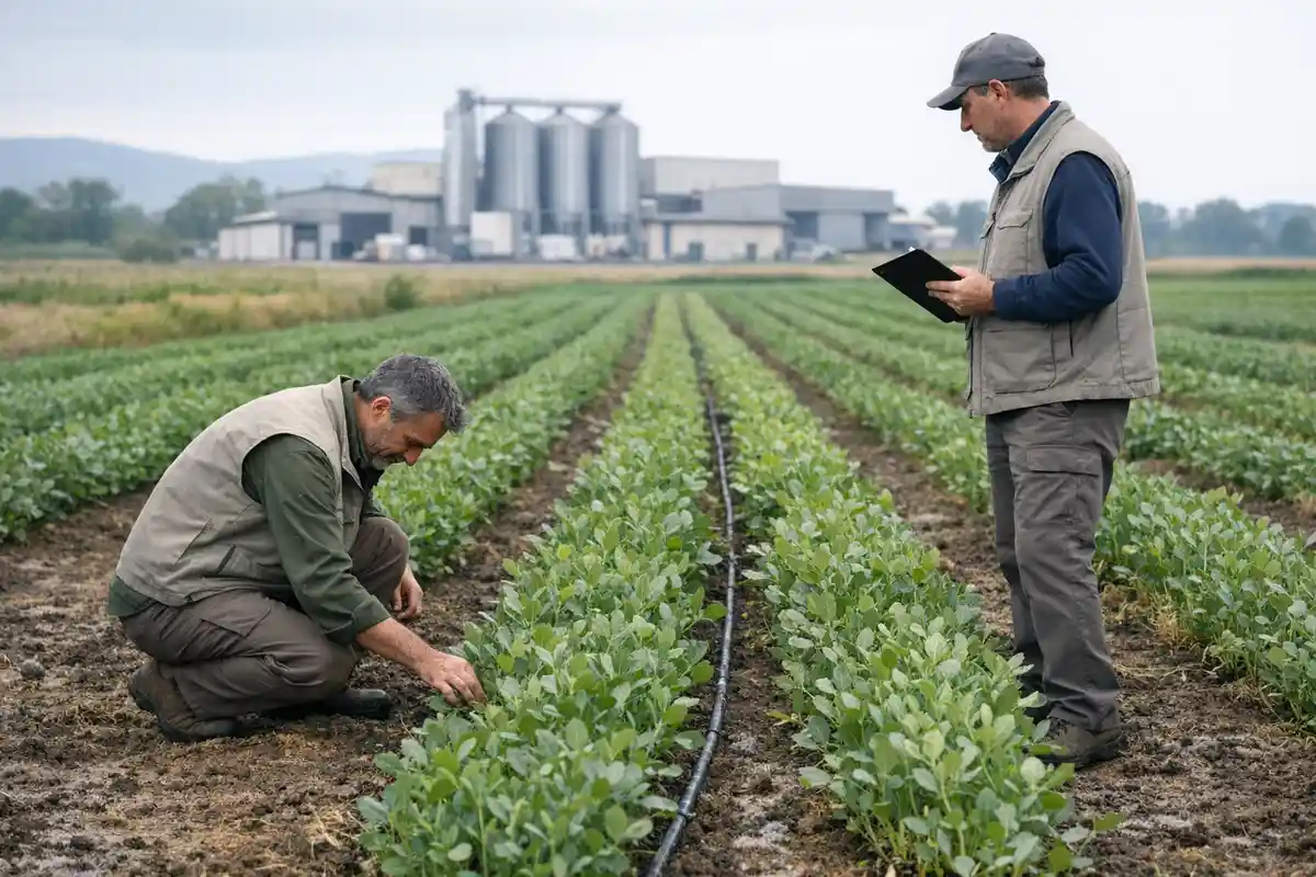 Due tecnici agronomi controllano un campo coltivato con linea di irrigazione a goccia, con stabilimento sullo sfondo