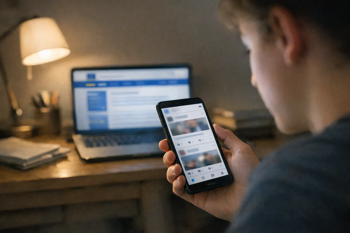 Ragazzo di notte che scorre un feed sui social sullo smartphone, con laptop e lampada accesi sullo sfondo