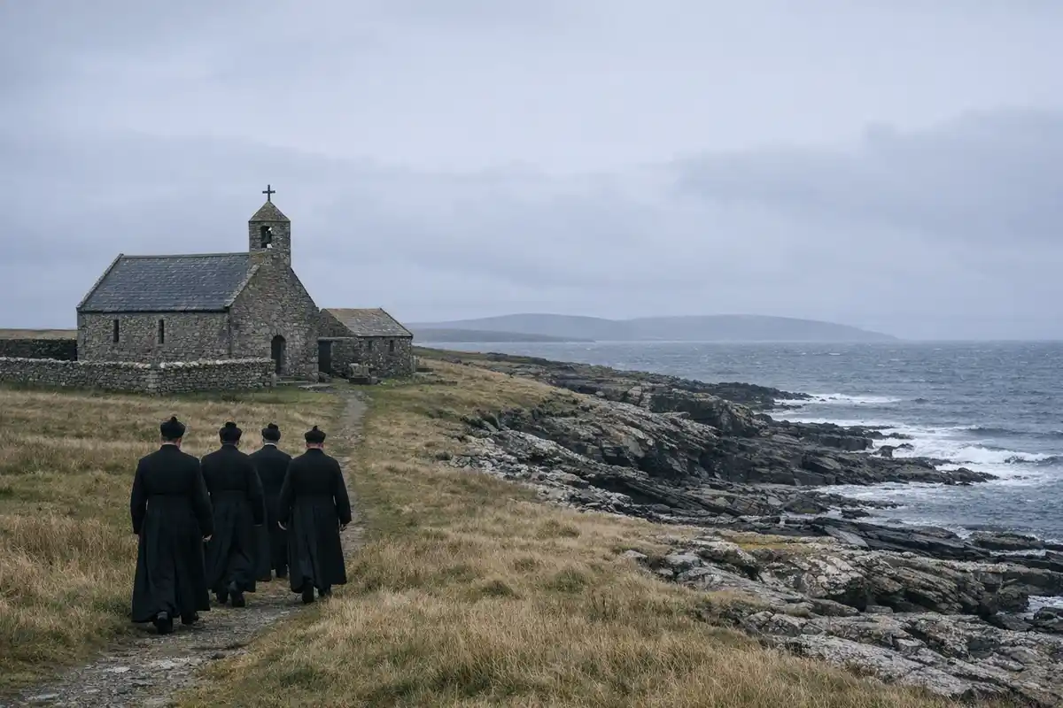 Religiosi in abito nero camminano verso una piccola cappella di pietra su una costa rocciosa sotto cielo grigio