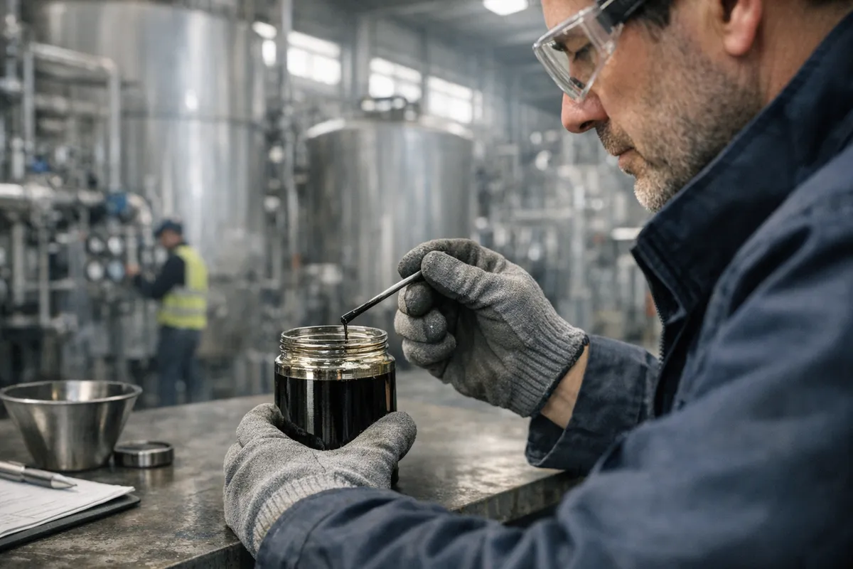 Tecnico con guanti e occhiali controlla un campione di olio usato in un impianto industriale con serbatoi sullo sfondo