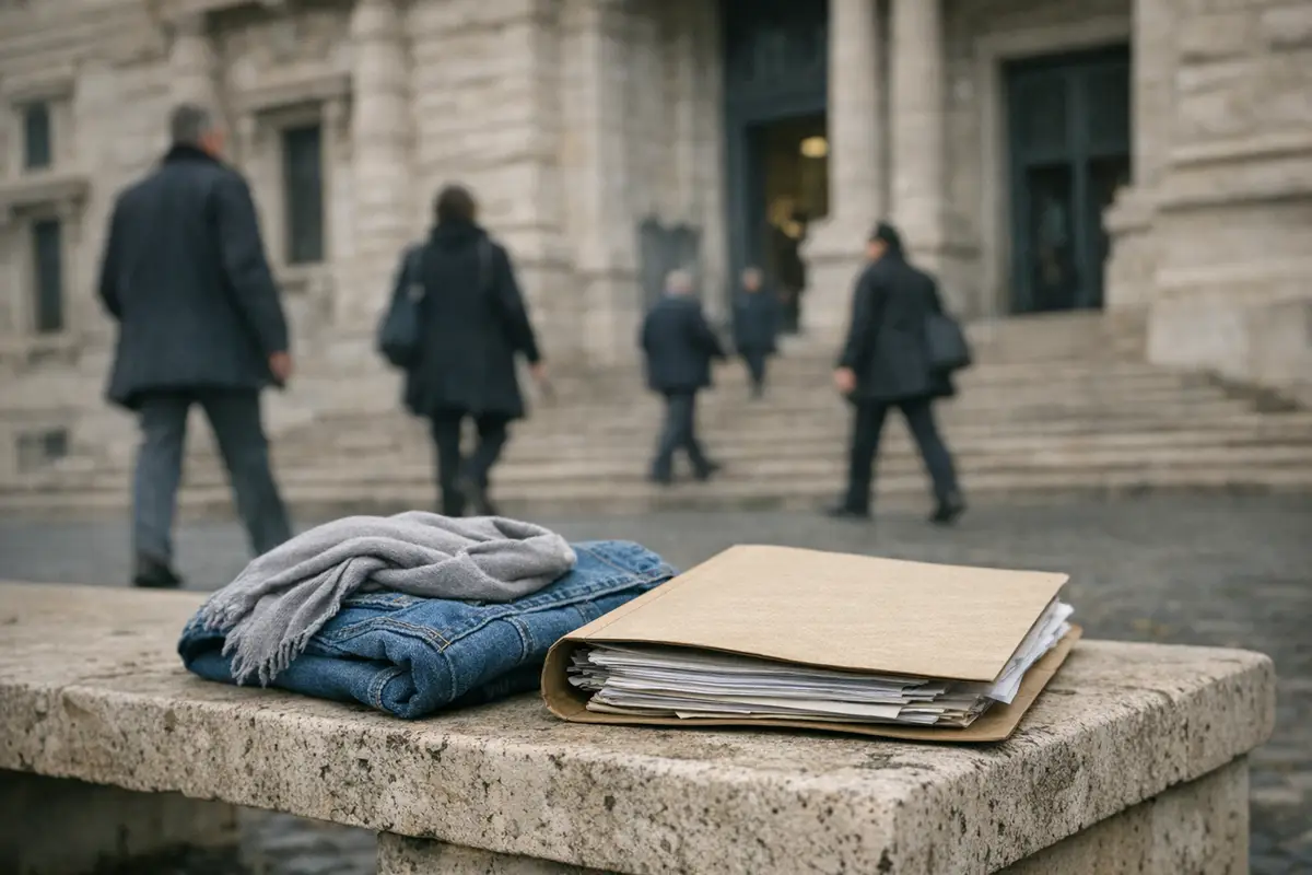 Fascicolo giudiziario su una panchina in pietra con giacca di jeans e sciarpa davanti a un tribunale sfocato