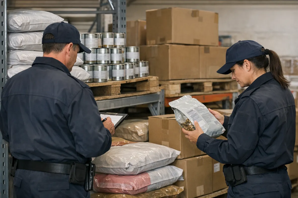 Due ispettori in divisa controllano una busta di pet food in un magazzino con scatole, sacchi e lattine impilate