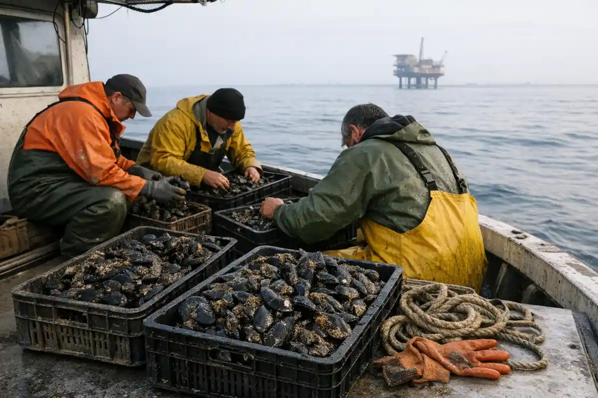 Pescatori su un peschereccio selezionano cozze in cassette, con una piattaforma offshore sullo sfondo