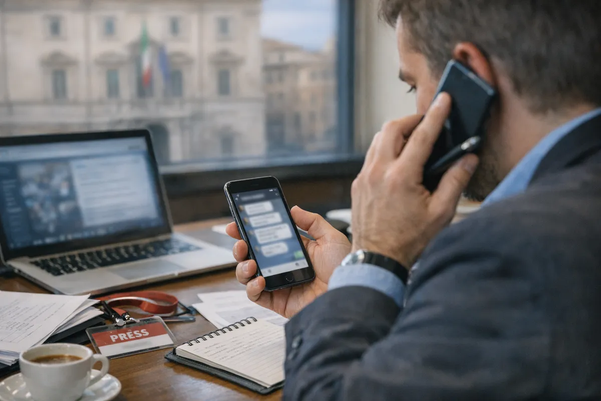 Giornalista al desk con due smartphone, laptop e taccuino, mentre verifica un messaggio in una sala stampa