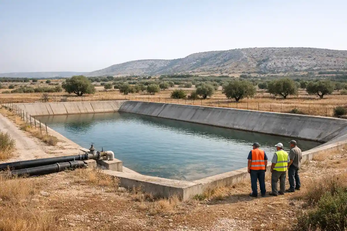 Vasca di accumulo in cemento con tubazioni e tre tecnici in giubbotti ad alta visibilità in campagna arida