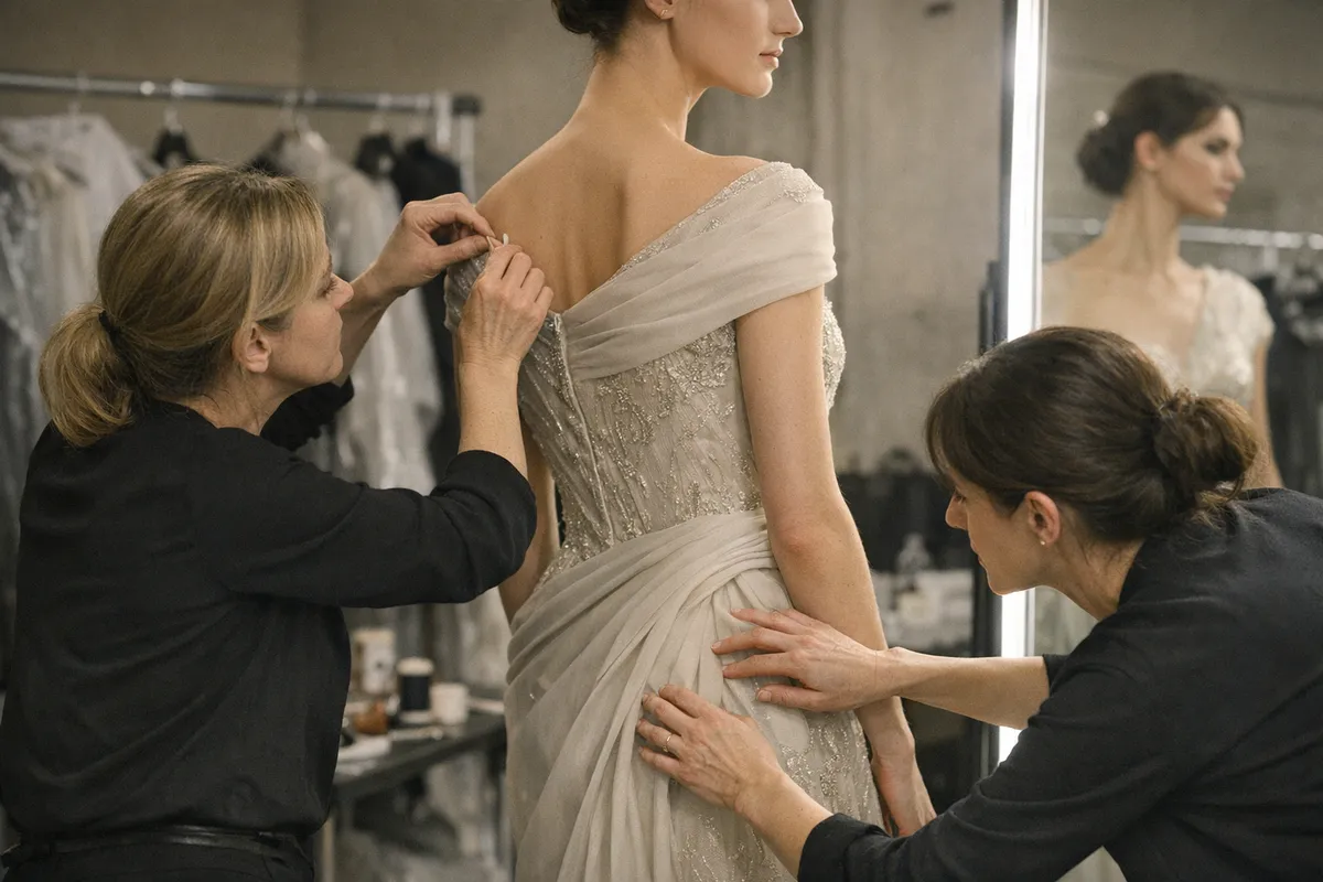Assistenti regolano l’abito da sera ricamato su una modella davanti a uno specchio, in un backstage di alta moda