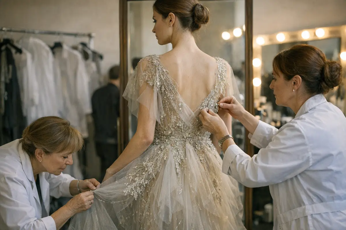 Sarta e assistente regolano un abito couture ricamato su una modella davanti a uno specchio, nel backstage