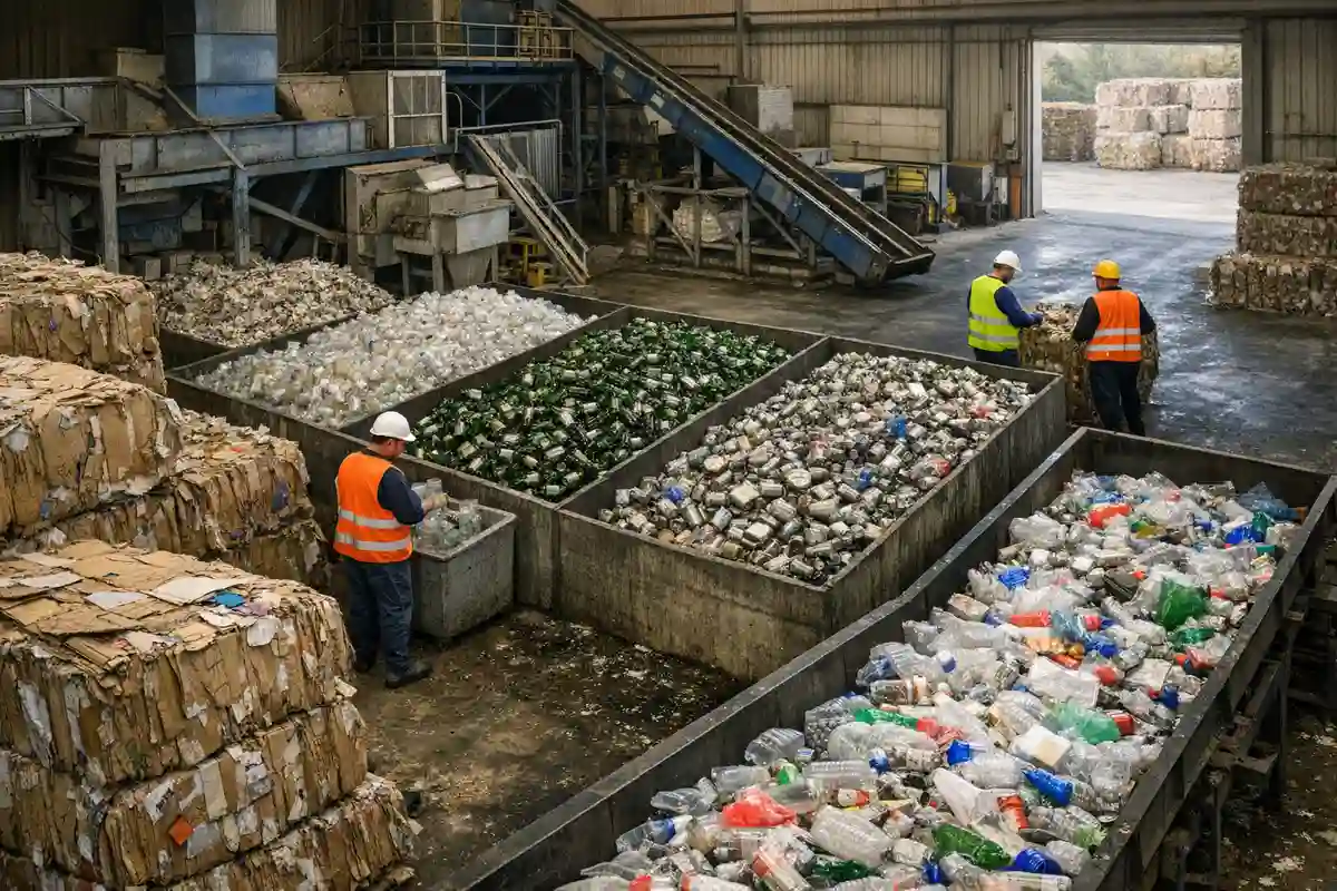 Impianto di riciclo con cassoni di plastica, vetro e lattine e operatori con giubbotti ad alta visibilità