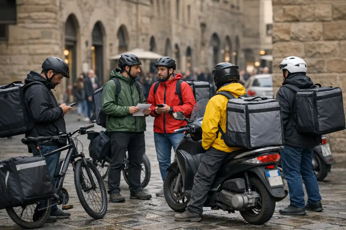 Gruppo di rider con caschi e zaini termici che discutono in strada, con bici e scooter, davanti a edifici in pietra
