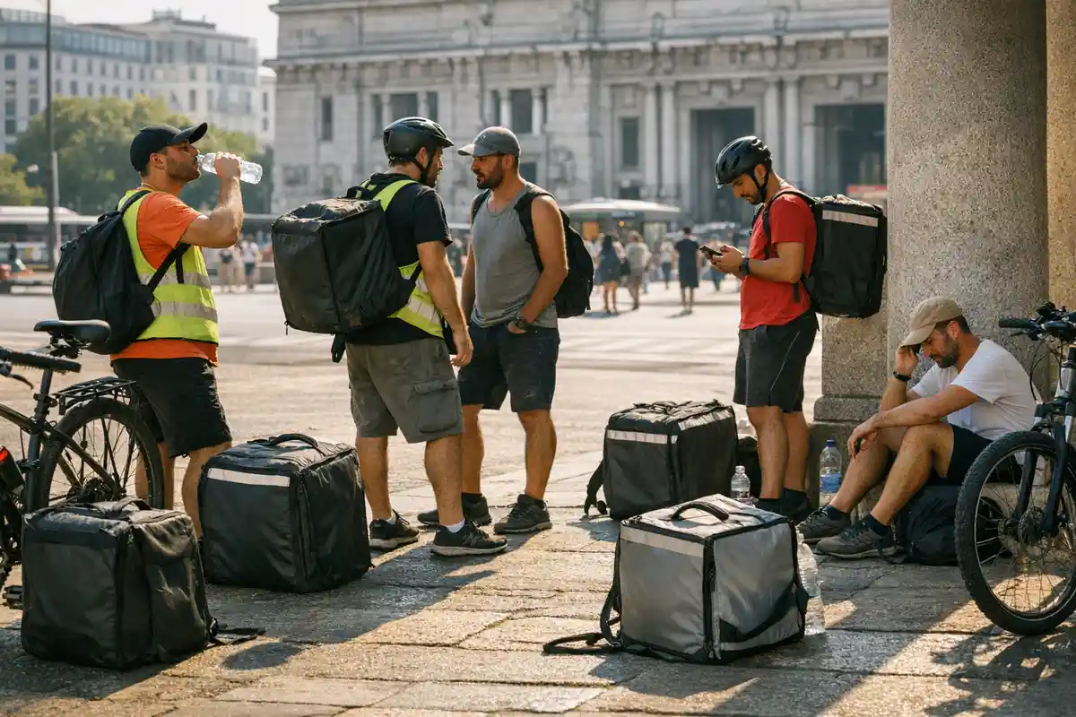 Rider con zaini termici e bici in una piazza, uno beve acqua e un altro riposa all’ombra durante il caldo