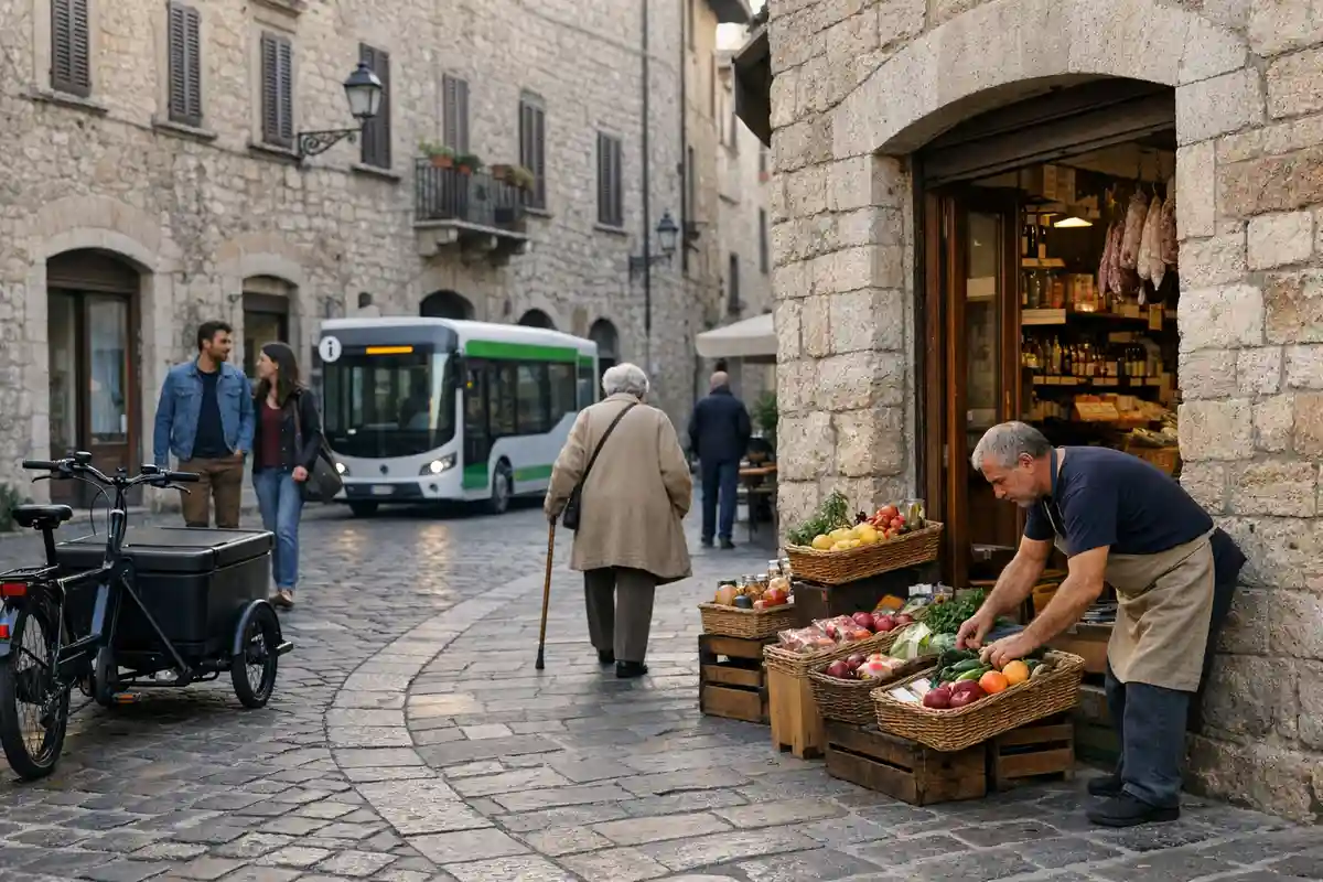 Negoziante sistema frutta e verdura davanti a una bottega in un centro storico, con bici cargo e bus sullo sfondo