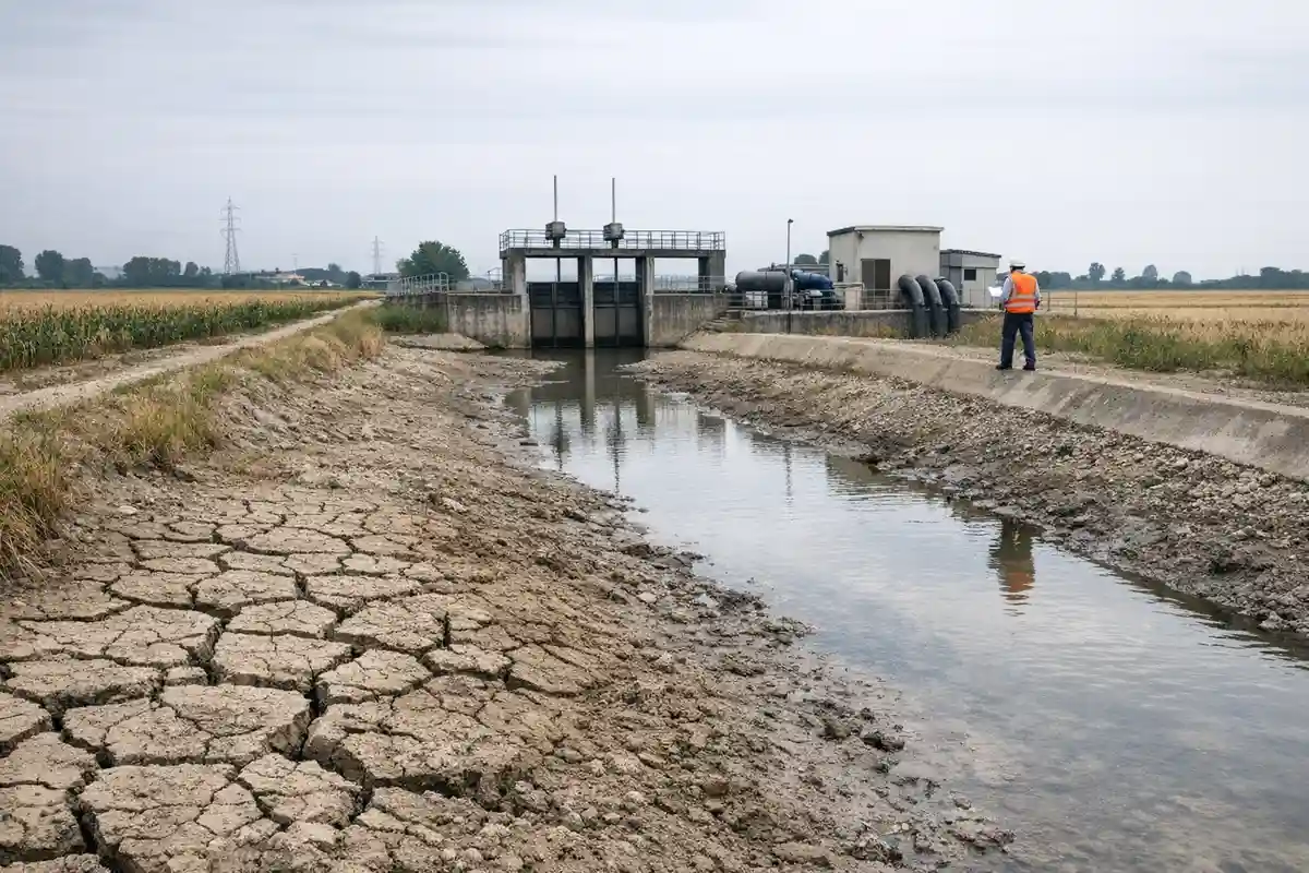Canale irriguo quasi in secca con terreno screpolato e chiusa idraulica, tecnico con gilet arancione sulla sponda