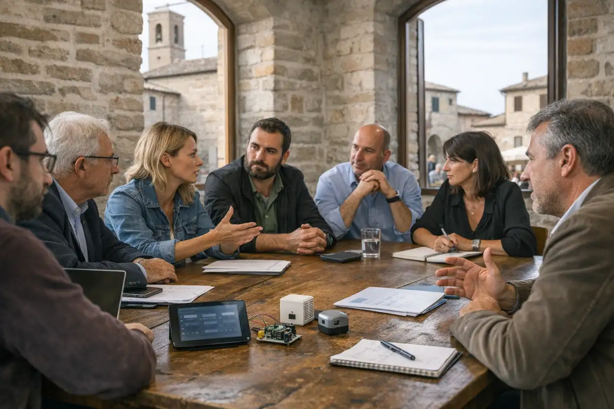 Gruppo di professionisti discute attorno a un tavolo con tablet, appunti e piccoli prototipi in una sala in pietra