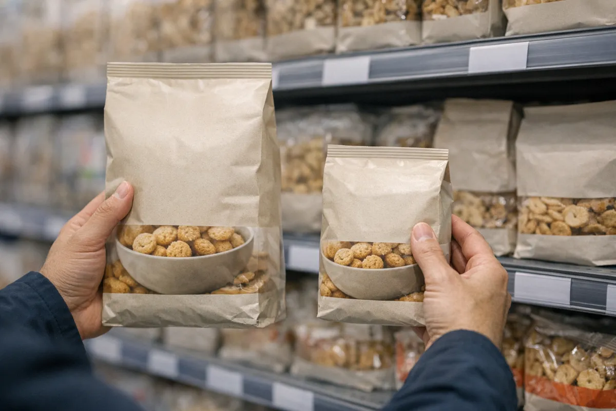 Mani confrontano due confezioni simili di cereali, una più grande e una più piccola, in uno scaffale del supermercato