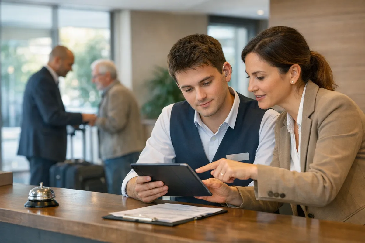 Staff alla reception di un hotel: una collega indica un tablet a un giovane addetto con apparecchio acustico, con ospiti