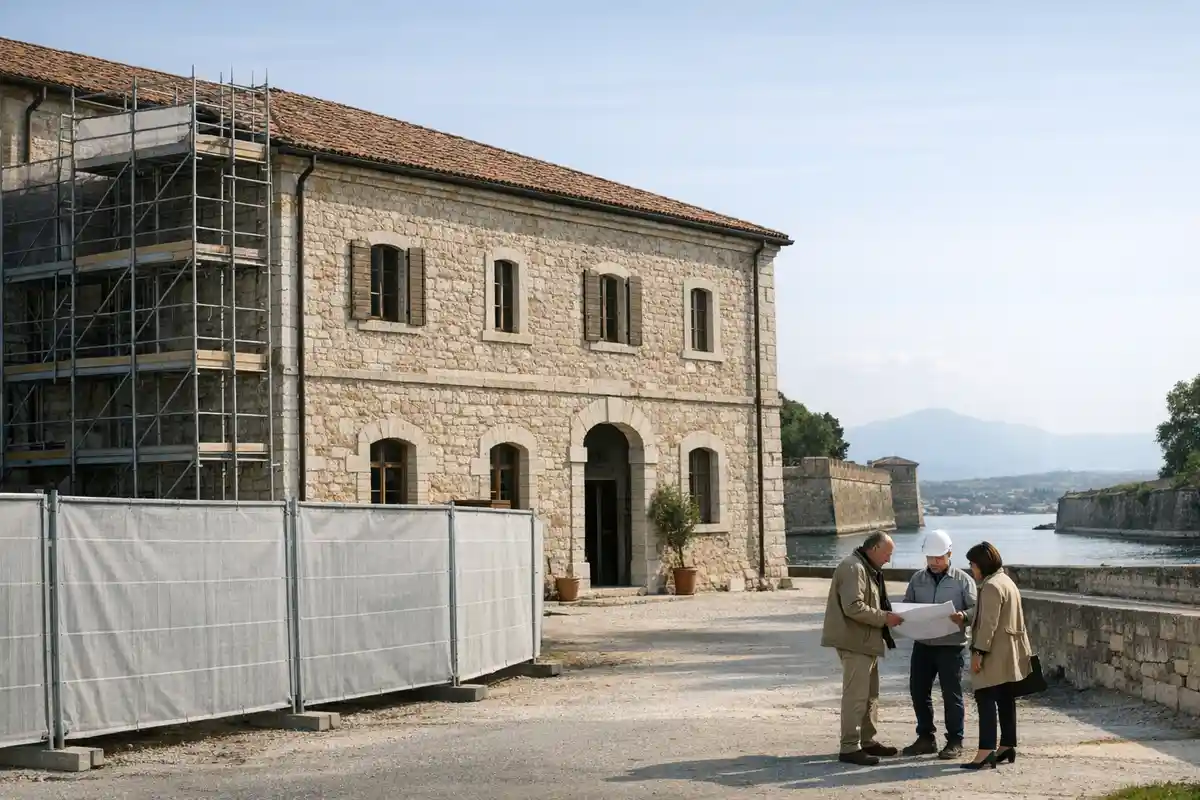 Edificio in pietra con impalcature e recinzione di cantiere, tre tecnici consultano una planimetria sul lungolago