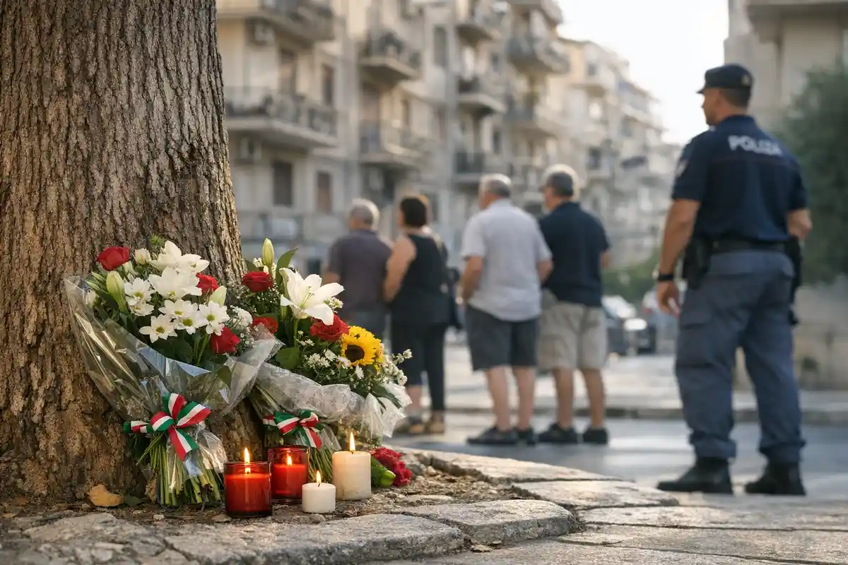 Fiori e candele accese alla base di un albero, con nastri tricolori e un poliziotto sullo sfondo