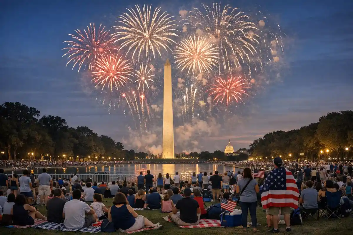 Fuochi d’artificio sopra il Washington Monument con folla seduta sull’erba vicino al Reflecting Pool al tramonto